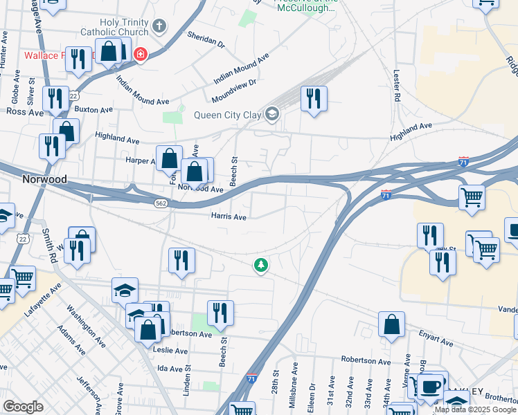 map of restaurants, bars, coffee shops, grocery stores, and more near 2733 Norwood Avenue in Cincinnati
