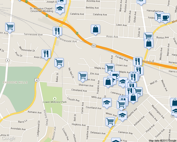 map of restaurants, bars, coffee shops, grocery stores, and more near 1831 Maple Avenue in Cincinnati