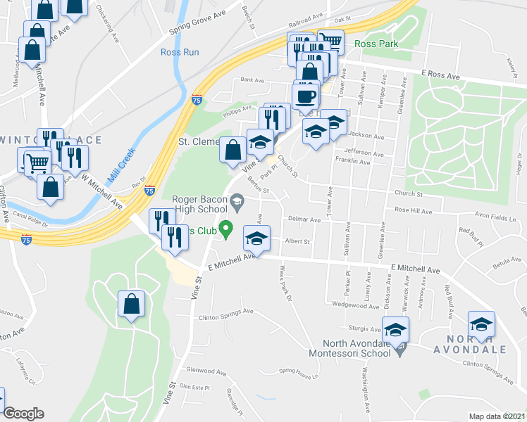 map of restaurants, bars, coffee shops, grocery stores, and more near 4279 Leonard Avenue in Cincinnati