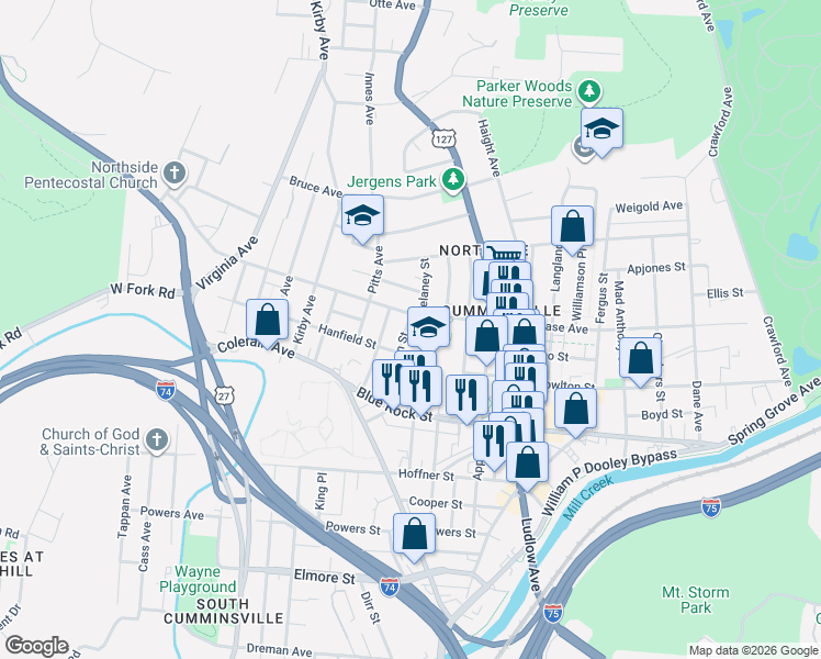 map of restaurants, bars, coffee shops, grocery stores, and more near 4200 Delaney Street in Cincinnati