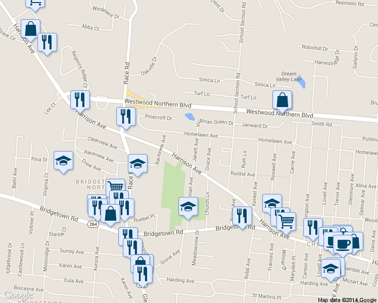 map of restaurants, bars, coffee shops, grocery stores, and more near 3967 Janett Avenue in Cincinnati