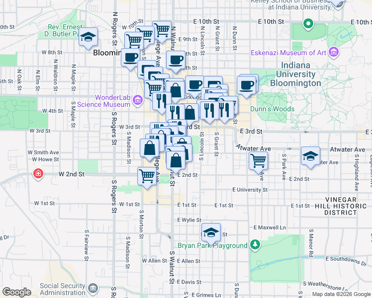 map of restaurants, bars, coffee shops, grocery stores, and more near 331 South Washington Street in Bloomington