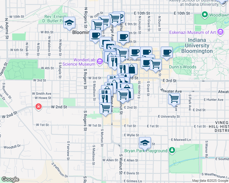 map of restaurants, bars, coffee shops, grocery stores, and more near 343 South College Avenue in Bloomington