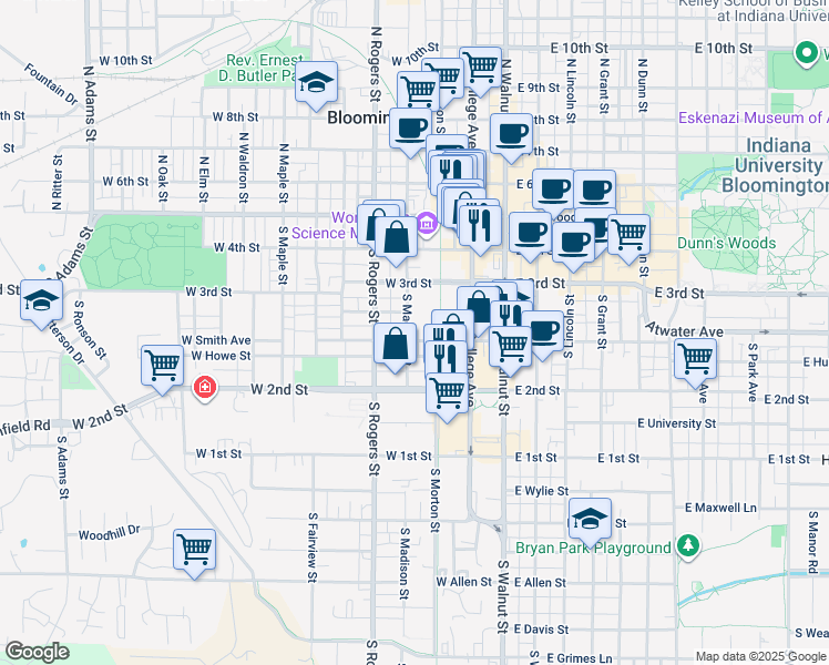 map of restaurants, bars, coffee shops, grocery stores, and more near 325 South Madison Street in Bloomington