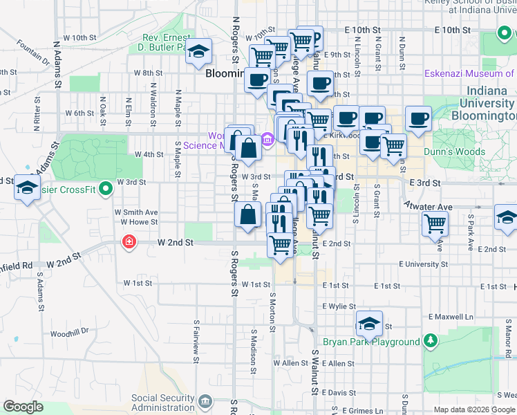 map of restaurants, bars, coffee shops, grocery stores, and more near 325 South Madison Street in Bloomington