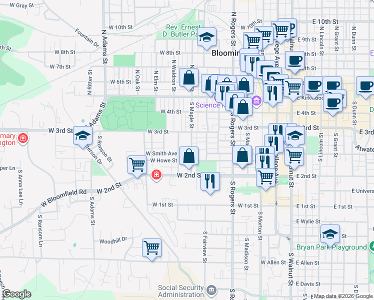 map of restaurants, bars, coffee shops, grocery stores, and more near 330 South Maple Street in Bloomington