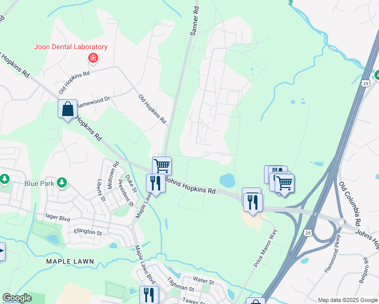 map of restaurants, bars, coffee shops, grocery stores, and more near 11100 Johns Hopkins Road in Laurel