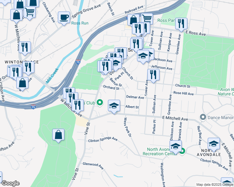 map of restaurants, bars, coffee shops, grocery stores, and more near 4279 Leonard Avenue in Cincinnati