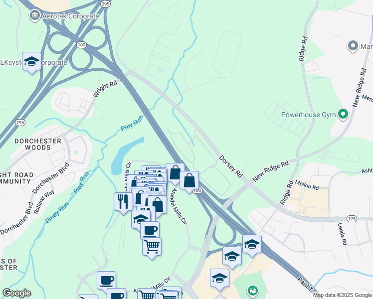 map of restaurants, bars, coffee shops, grocery stores, and more near 7405 Windstream Circle in Hanover