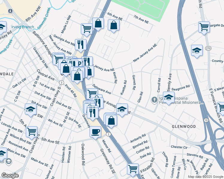 map of restaurants, bars, coffee shops, grocery stores, and more near 102 Kent Road in Glen Burnie