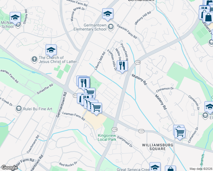 map of restaurants, bars, coffee shops, grocery stores, and more near 18815 Sparkling Water Drive in Germantown