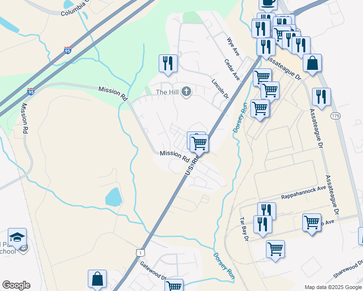 map of restaurants, bars, coffee shops, grocery stores, and more near 8121 Mission Hill Place in Jessup