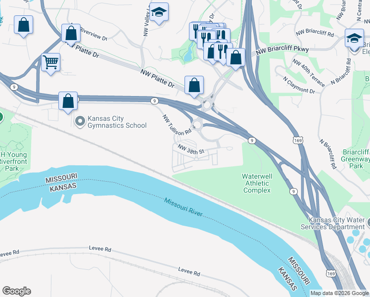 map of restaurants, bars, coffee shops, grocery stores, and more near 1600 Northwest 38th Street in Kansas City