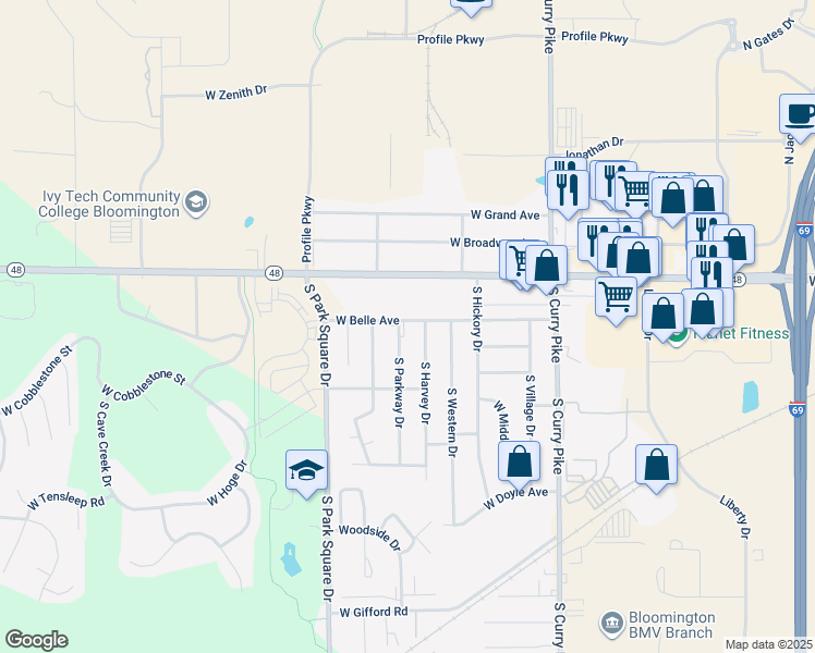 map of restaurants, bars, coffee shops, grocery stores, and more near 401 South Parkway Drive in Bloomington