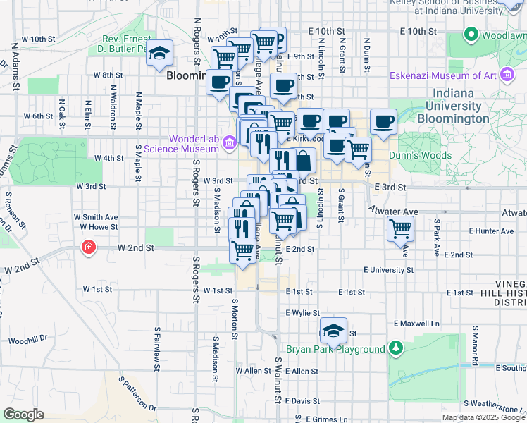map of restaurants, bars, coffee shops, grocery stores, and more near 343 South College Avenue in Bloomington
