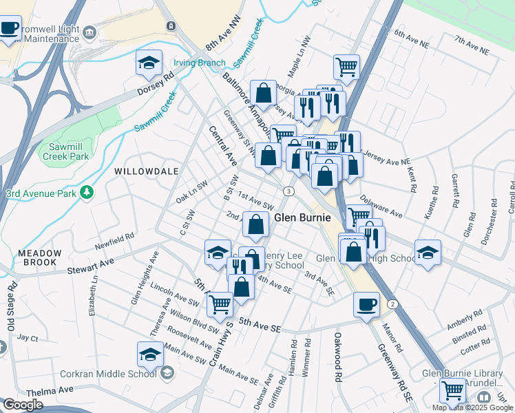 map of restaurants, bars, coffee shops, grocery stores, and more near 13 1st Avenue Southwest in Glen Burnie