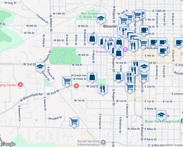 map of restaurants, bars, coffee shops, grocery stores, and more near 330 South Maple Street in Bloomington