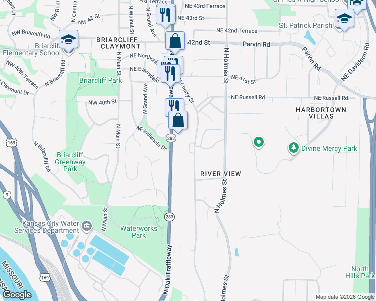 map of restaurants, bars, coffee shops, grocery stores, and more near 3740 North Cherry Street in Kansas City