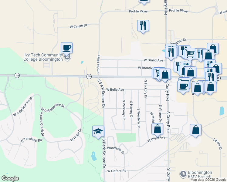 map of restaurants, bars, coffee shops, grocery stores, and more near 4611 West Belle Avenue in Bloomington