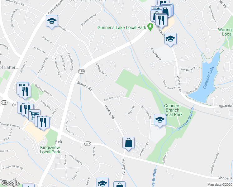 map of restaurants, bars, coffee shops, grocery stores, and more near 12906 Poppy Seed Court in Germantown