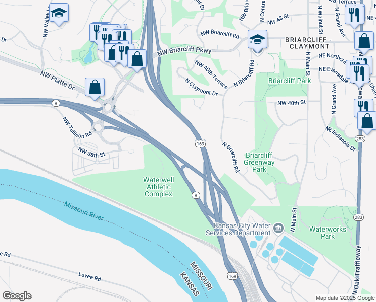 map of restaurants, bars, coffee shops, grocery stores, and more near 3810 North Mulberry Drive in Kansas City