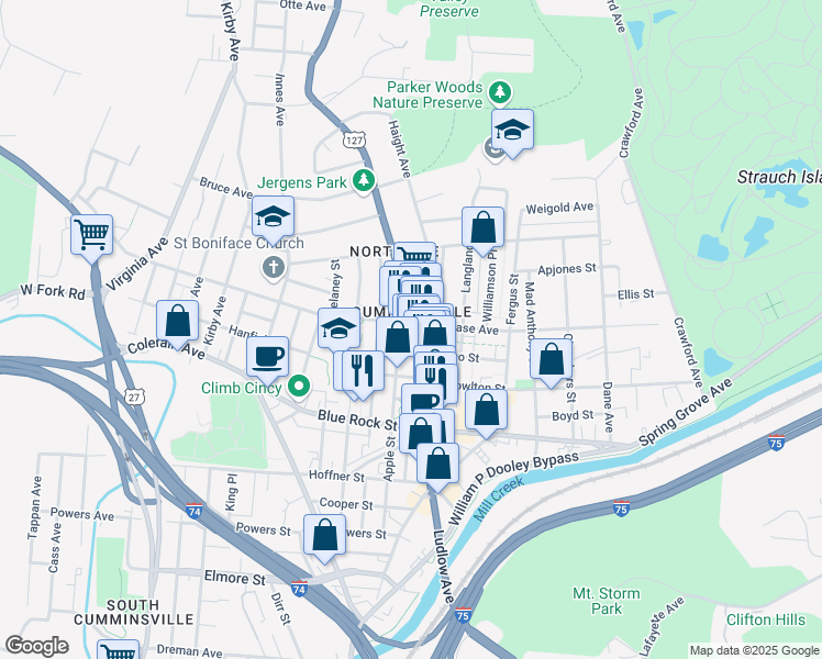 map of restaurants, bars, coffee shops, grocery stores, and more near 4185 Hamilton Avenue in Cincinnati