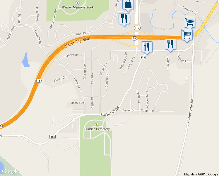map of restaurants, bars, coffee shops, grocery stores, and more near 830 Dondee Drive in Manhattan
