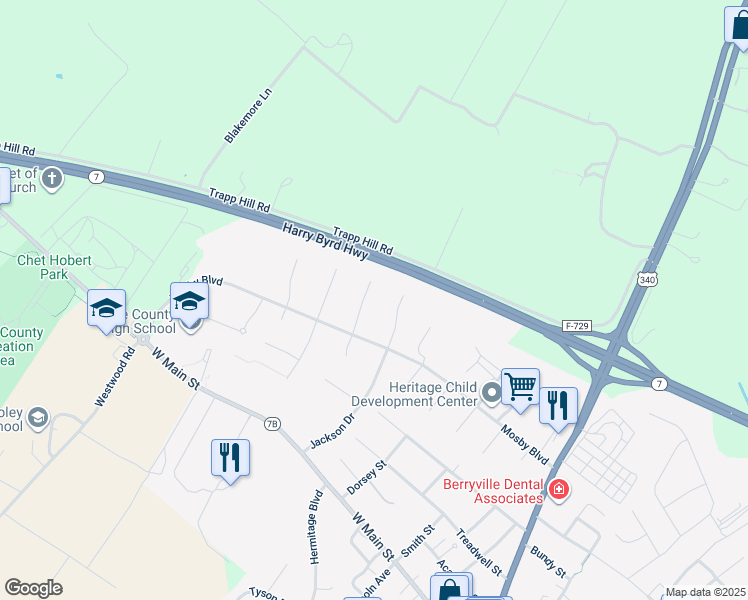 map of restaurants, bars, coffee shops, grocery stores, and more near 106 Dorsey Street in Berryville