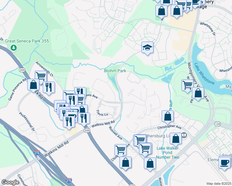 map of restaurants, bars, coffee shops, grocery stores, and more near 1135 Knoll Mist Lane in Gaithersburg