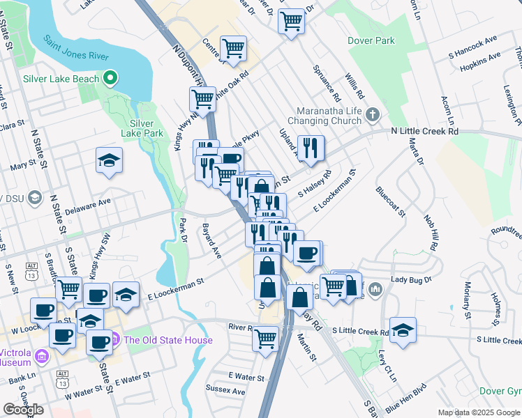 map of restaurants, bars, coffee shops, grocery stores, and more near 1700 North Dupont Highway in Dover