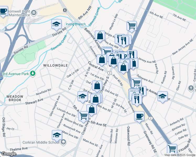 map of restaurants, bars, coffee shops, grocery stores, and more near 13 1st Avenue Southwest in Glen Burnie