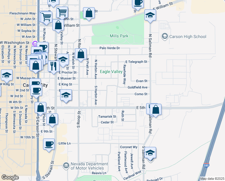 map of restaurants, bars, coffee shops, grocery stores, and more near 1101 Goldfield Avenue in Carson City