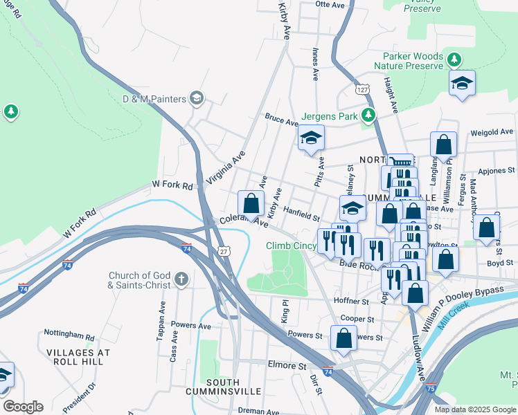 map of restaurants, bars, coffee shops, grocery stores, and more near 1825 Hanfield Street in Cincinnati
