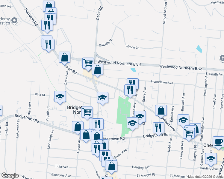 map of restaurants, bars, coffee shops, grocery stores, and more near 3977 Raceview Avenue in Cincinnati