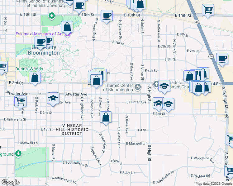 map of restaurants, bars, coffee shops, grocery stores, and more near 314 South Arbutus Drive in Bloomington