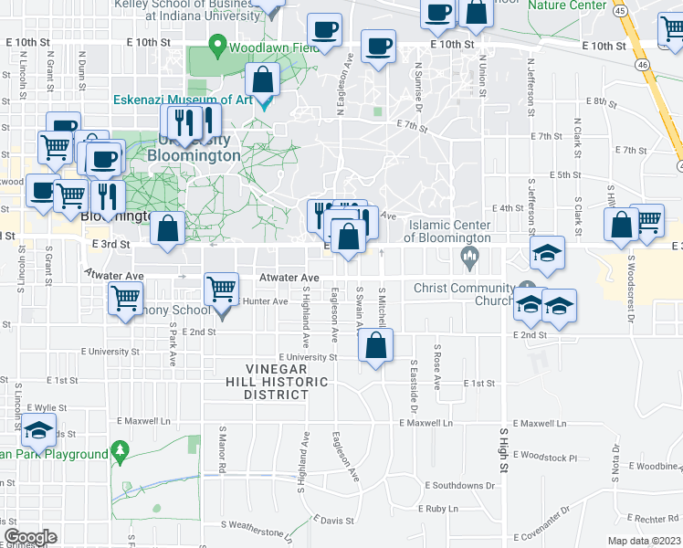 map of restaurants, bars, coffee shops, grocery stores, and more near 1500 East 3rd Street in Bloomington