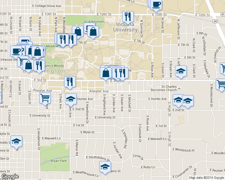 map of restaurants, bars, coffee shops, grocery stores, and more near 322 1/2 South Jordan Avenue in Bloomington