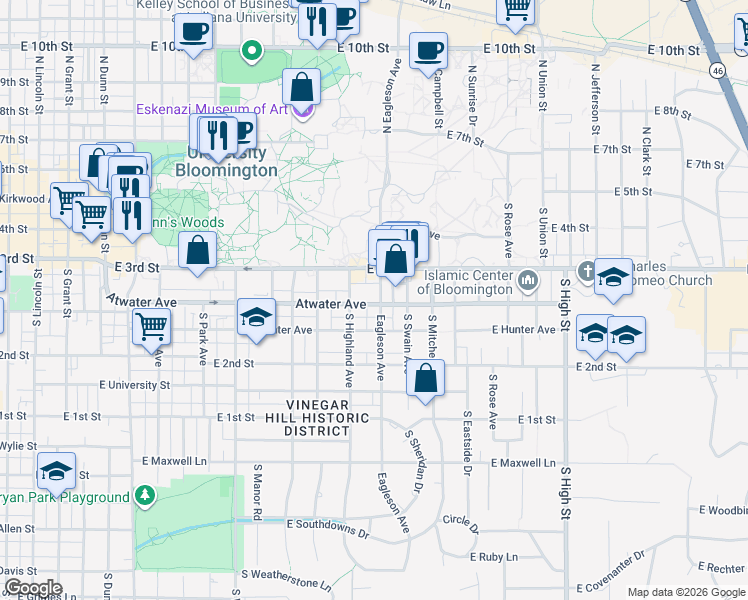 map of restaurants, bars, coffee shops, grocery stores, and more near 322 1/2 South Jordan Avenue in Bloomington