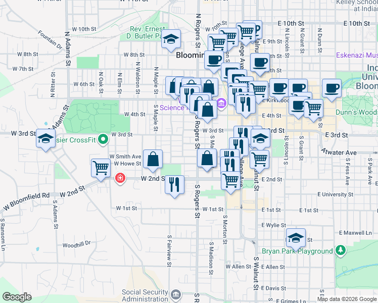 map of restaurants, bars, coffee shops, grocery stores, and more near 329 South Jackson Street in Bloomington