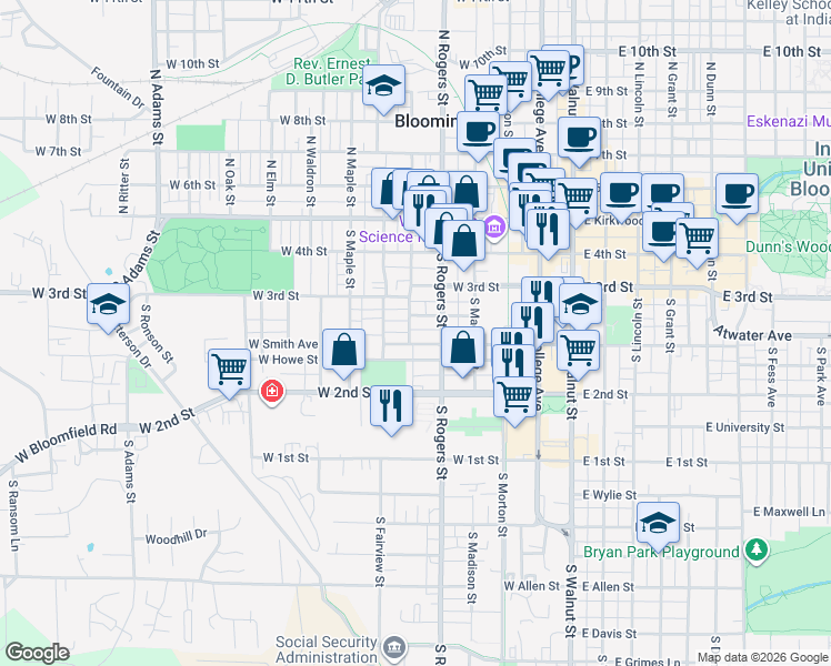 map of restaurants, bars, coffee shops, grocery stores, and more near 329 South Jackson Street in Bloomington