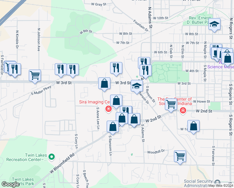 map of restaurants, bars, coffee shops, grocery stores, and more near 454 South Westplex Avenue in Bloomington