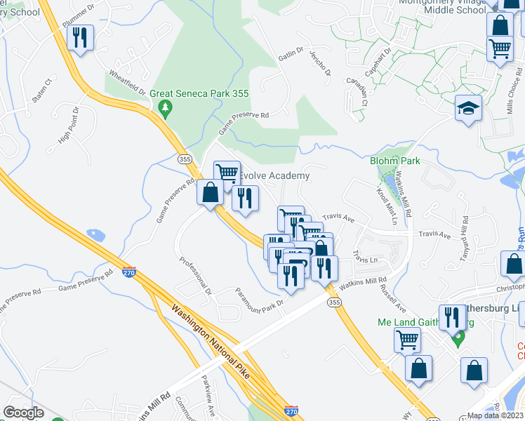map of restaurants, bars, coffee shops, grocery stores, and more near 18715 North Frederick Avenue in Gaithersburg