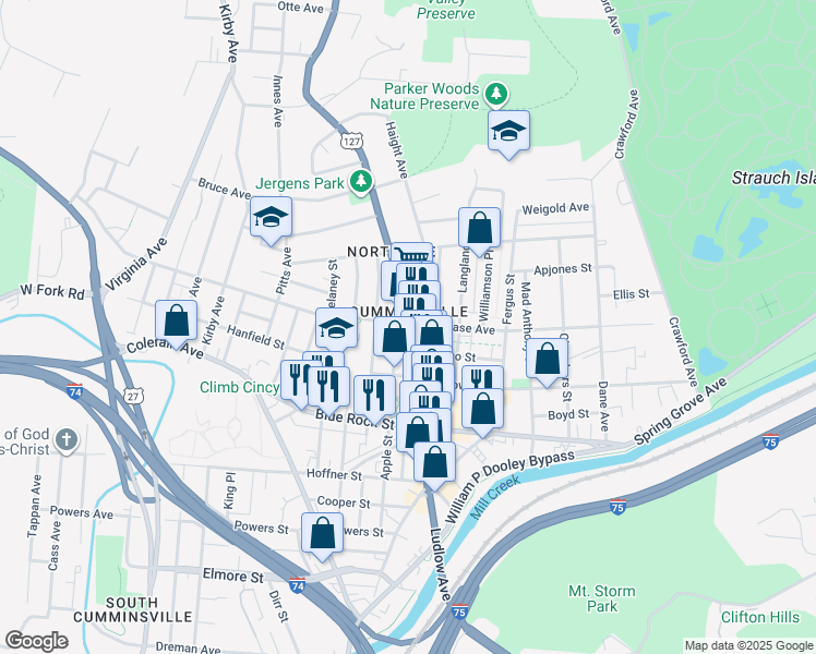 map of restaurants, bars, coffee shops, grocery stores, and more near in Cincinnati
