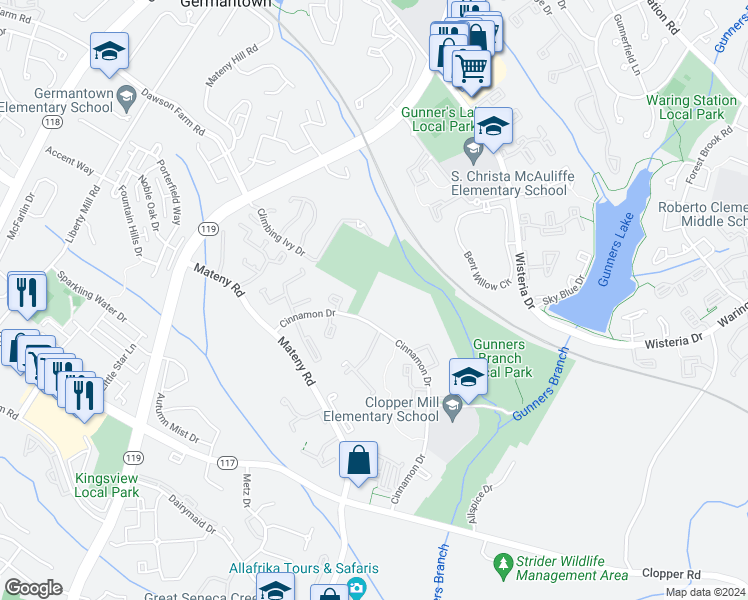 map of restaurants, bars, coffee shops, grocery stores, and more near 18722 Ginger Court in Germantown