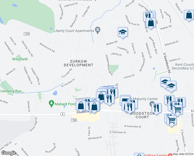 map of restaurants, bars, coffee shops, grocery stores, and more near 33 Fieldstone Court in Dover