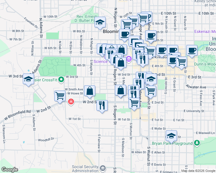 map of restaurants, bars, coffee shops, grocery stores, and more near 329 South Jackson Street in Bloomington