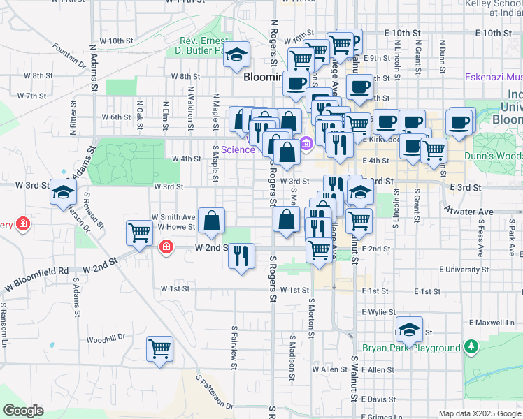 map of restaurants, bars, coffee shops, grocery stores, and more near 329 South Jackson Street in Bloomington