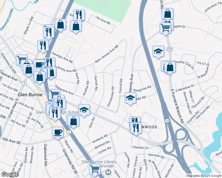 map of restaurants, bars, coffee shops, grocery stores, and more near 124 Dorchester Road in Glen Burnie