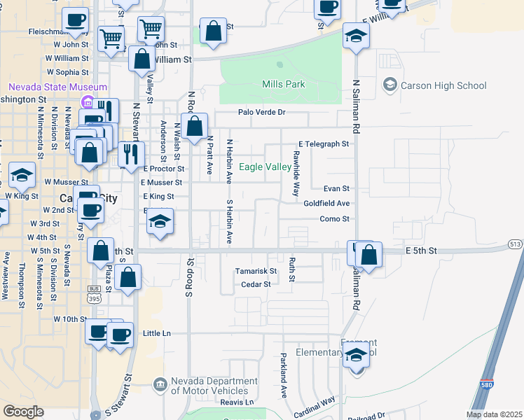 map of restaurants, bars, coffee shops, grocery stores, and more near 197 Allouette Way in Carson City