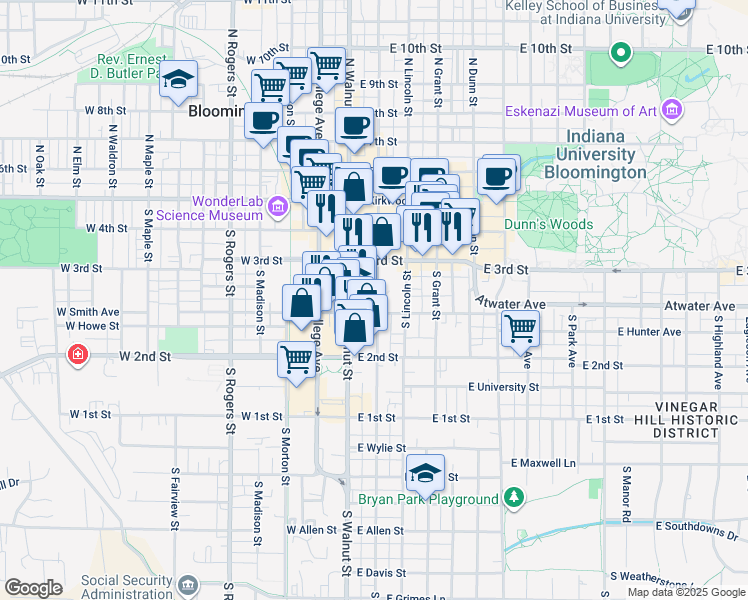 map of restaurants, bars, coffee shops, grocery stores, and more near 331 South Washington Street in Bloomington